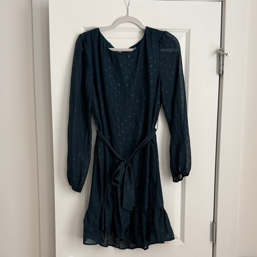 Long Sleeve Dark Teal Ruffle Hem Dress